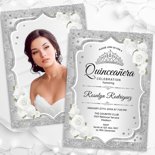 Invitation Photo Quinceanera blanche en argent