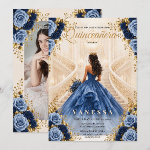 Invitation Photo Quinceanera Bleu et Or