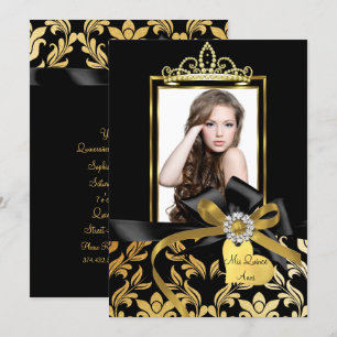 Invitation Photo Quinceanera Bow Damassé Noir Or