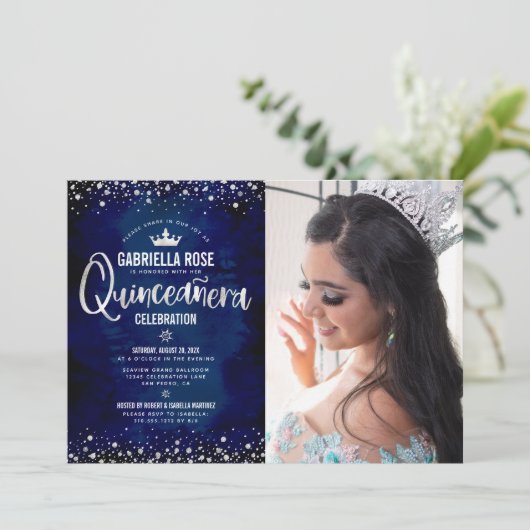 Invitation Photo Quinceañera Marine Argent Parties scintillan (Debout devant)