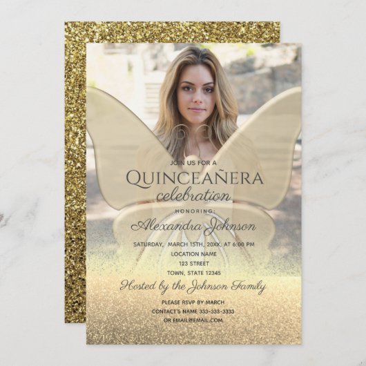 Invitation Photo Quinceanera Parties scintillant Papillon Or (Devant / Derrière)