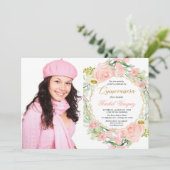 Invitation Photo Quinceanera rose et or floral (Debout devant)