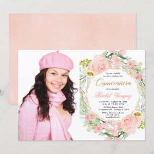 Invitation Photo Quinceanera rose et or floral