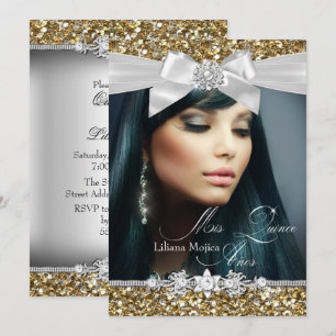 Invitation Photo Quinceanera Ruban Pailleté Or Arg