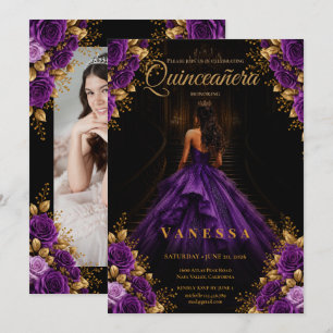 Invitation Photo Quinceanera Violet et Or