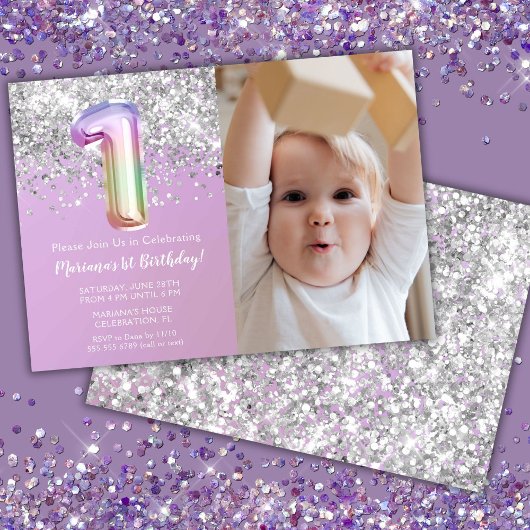 Invitation Photo Rainbow Sparkle 1er anniversaire