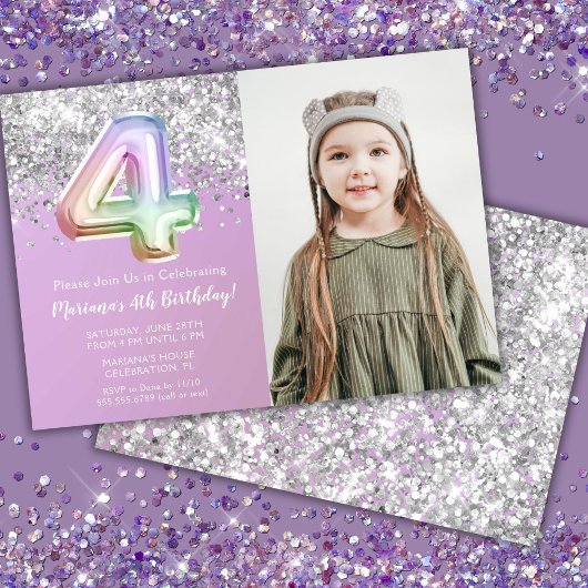 Invitation Photo Rainbow Sparkle 4e anniversaire