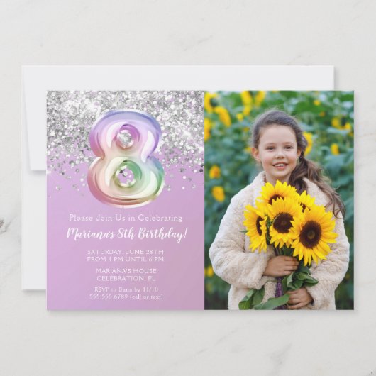 Invitation Photo Rainbow Sparkle 8e anniversaire (Devant)