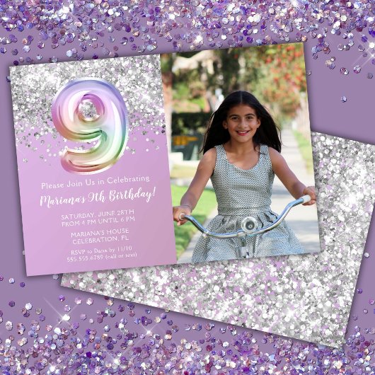 Invitation Photo Rainbow Sparkle 9e anniversaire