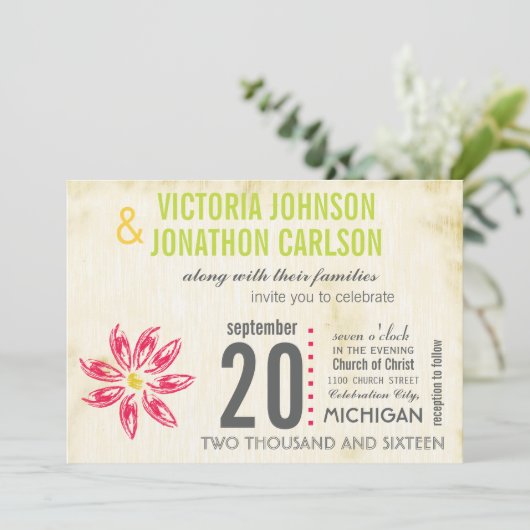 Invitation Photo Raspberry Main Drawn Daisy Wedding Invitatio (Debout devant)