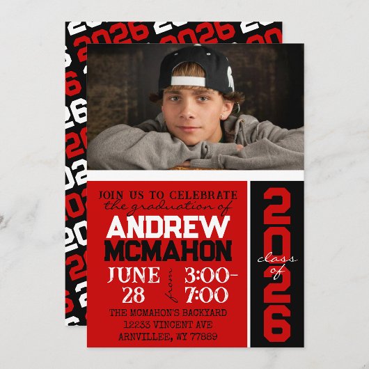 Invitation Photo Red & Black Modern Graduation