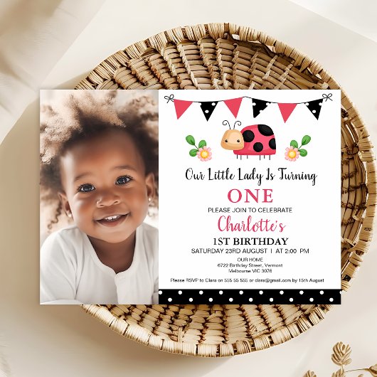 Invitation Photo Red Black Pois Ladybug 1er anniversaire