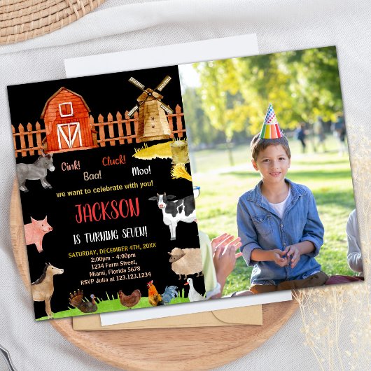 Invitation Photo Red Black Red Farm Animaux Anniversaire