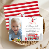 Invitation Photo Red Firefighter Fire Engine Anniversaire