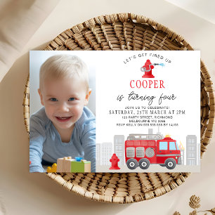 Invitation Photo Red Firefighter Fire Engine Anniversaire