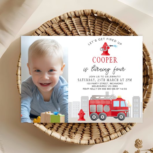 Invitation Photo Red Firefighter Fire Engine Anniversaire