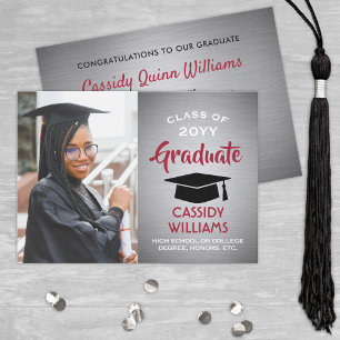 Invitation Photo Red Grey noir et blanc brossé Graduation