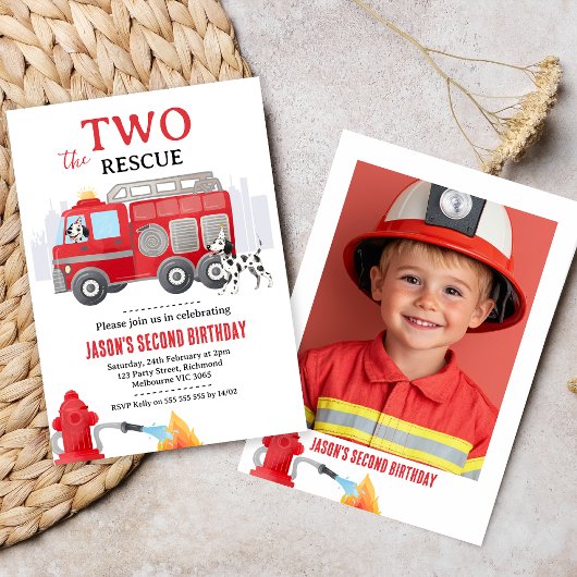 Invitation Photo Red Two The Rescue Fire Engine 2nd Birthday