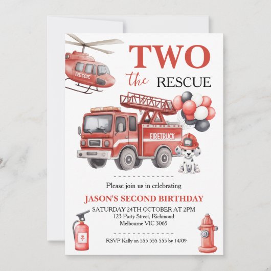 Invitation Photo Red Two The Rescue Fire Truck Birthday (Devant)