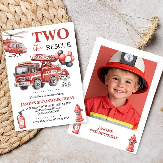 Invitation Photo Red Two The Rescue Fire Truck Birthday
