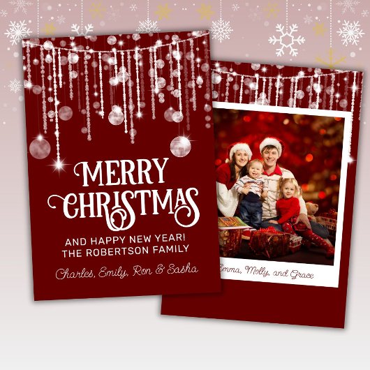 Invitation Photo Red White String Lights Christmas Card