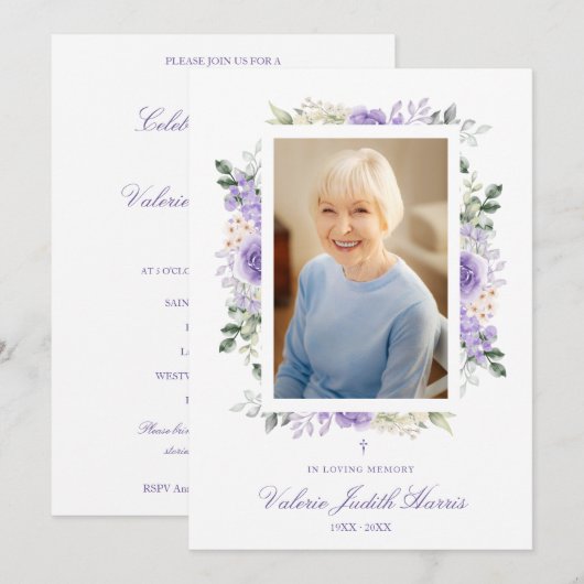 Invitation Photo Remembrance Service Dear Ones Purple Shades (Devant / Derrière)
