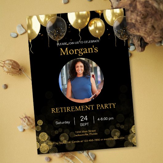 Invitation Photo Retraite Party Gold Balloon Enregistrer la d