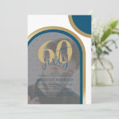 Invitation Photo rétro bleu et or pour 60e anniversaire (Debout devant)