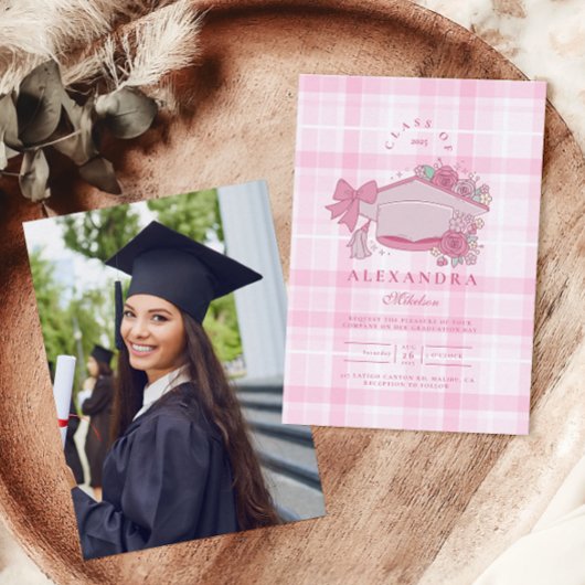 Invitation Photo Retro Coquette Pink Bow Graduation