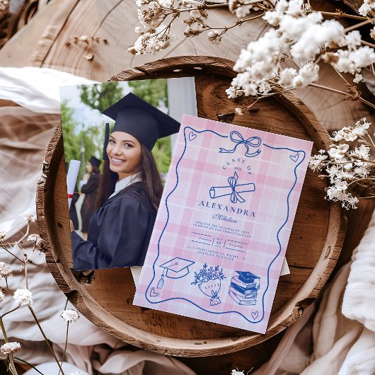 Invitation Photo Retro Hand Drawn Pink and Blue Graduation