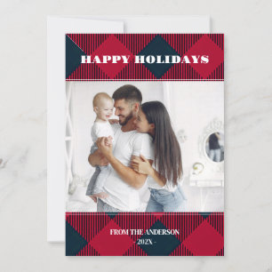 Invitation Photo Retro Noël Plaid Grey Holiday