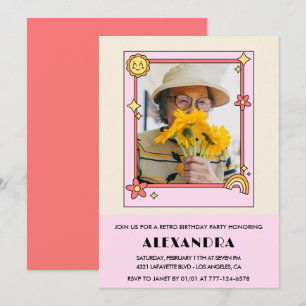 Invitation Photo Rétro Rose Groovy 70s 92e anniversaire