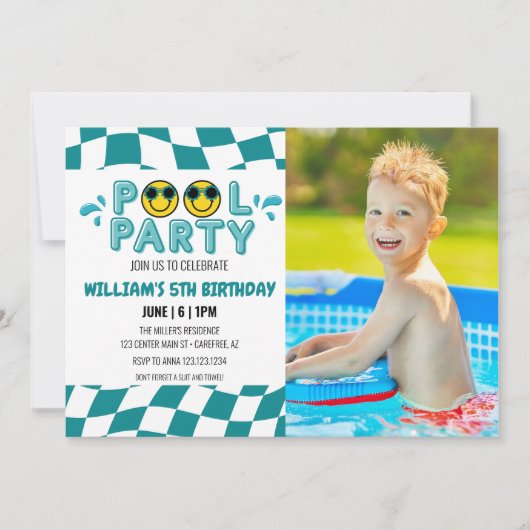 INVITATION PHOTO RETRO SMILEY FACE POOL PARTI (Devant)