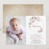 Invitation Photo romantique Baptême Girl florale or Invitatio (Devant / Derrière)