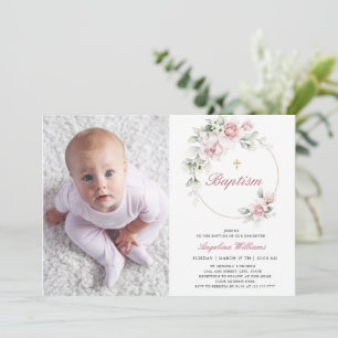 Invitation Photo romantique Baptême Girl florale or Invitatio