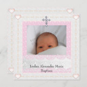 Invitation Photo rose blanc Cadre Bijoux Croix Baptême (Devant / Derrière)