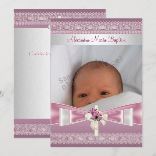 Invitation Photo Rose Blanc Croix Baptême (Devant / Derrière)