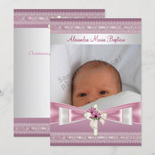 Invitation Photo Rose Blanc Croix Baptême