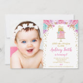 Invitation Photo rose de gâteau d'or de ęr premier (Devant)