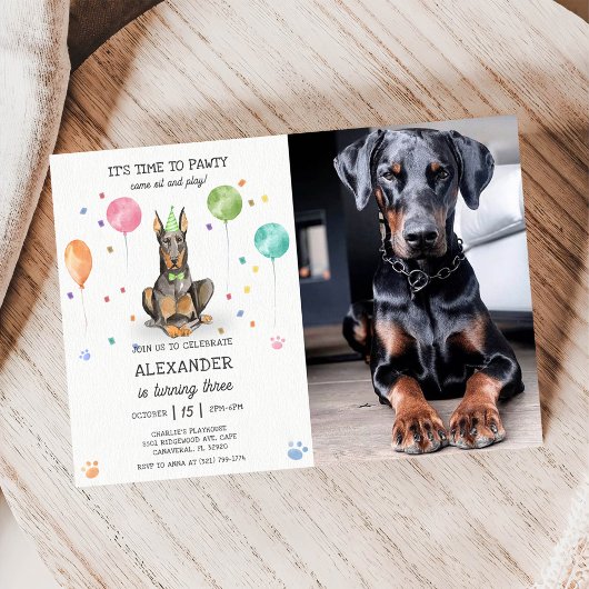 Invitation Photo rose de l'anniversaire du chiot Dobermann Pa
