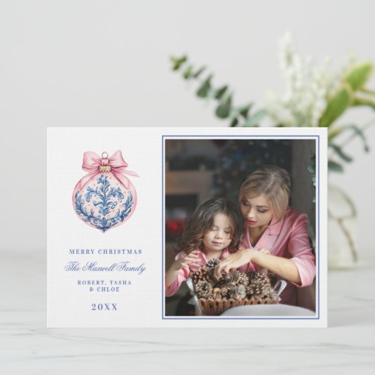 Invitation Photo rose et bleu de l'ornement Damas du grand mi (Debout devant)