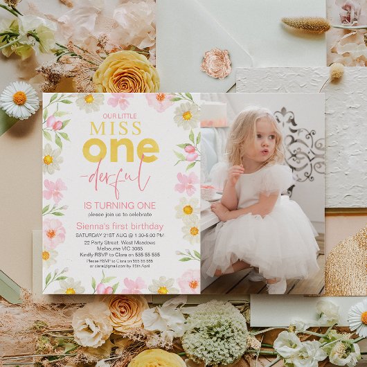 Invitation Photo Rose Floral Miss Onederful 1er anniversaire