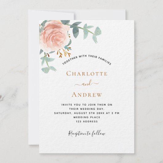Invitation Photo rose floral QR RSVP mariage de luxe (Devant)