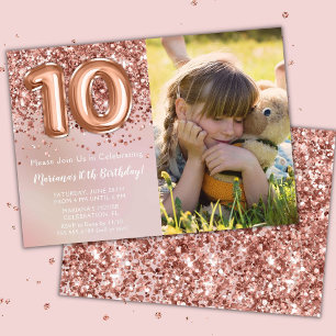 Invitation Photo Rose Gold Enfants Fille 10e fête d'anniversa