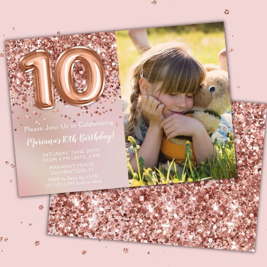 Invitation Photo Rose Gold Enfants Fille 10e fête d'anniversa