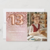 Invitation Photo Rose Gold Enfants Fille 13e anniversaire fêt (Devant)