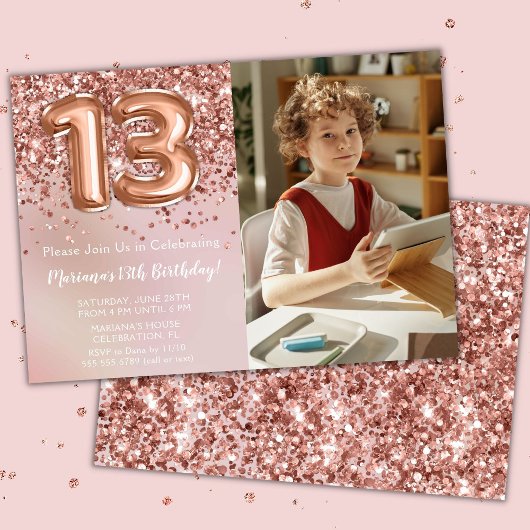 Invitation Photo Rose Gold Enfants Fille 13e anniversaire fêt