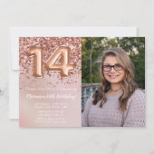 Invitation Photo Rose Gold Enfants Fille 14e fête d'anniversa (Devant)