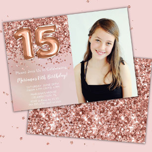 Invitation Photo Rose Gold Enfants Fille 15e anniversaire fêt