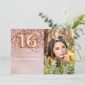 Invitation Photo Rose Gold Enfants Fille 16e fête d'anniversa (Debout devant)
